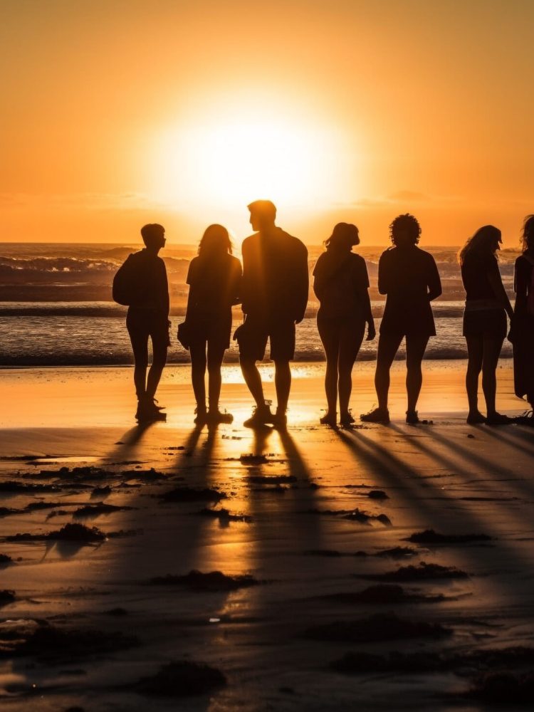 Silhouettes of friends enjoying beach activities together generated by AI